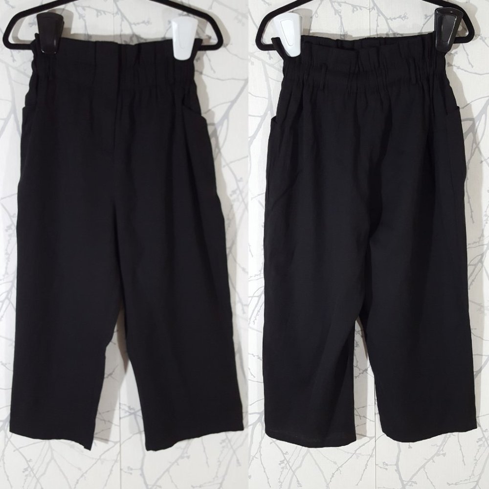 MNG Black Tencel Linen Elastic Paperbag High Rise Wide Leg Crop Pants Career